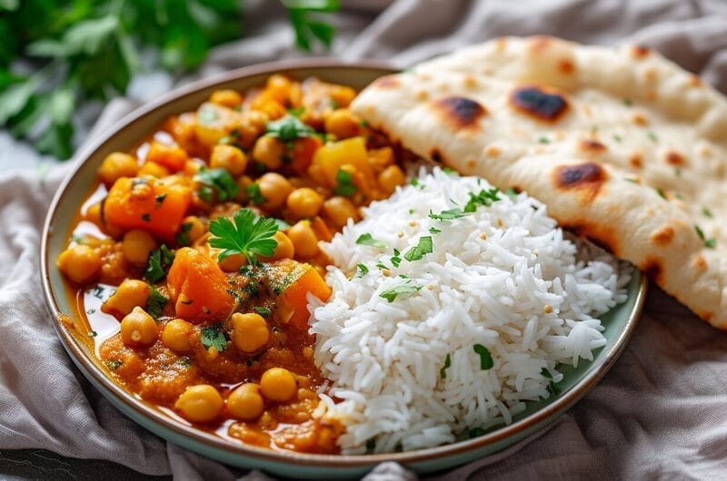 Chickpea and Vegetable Curry in a Hurry Served with Rice and Naan Bread