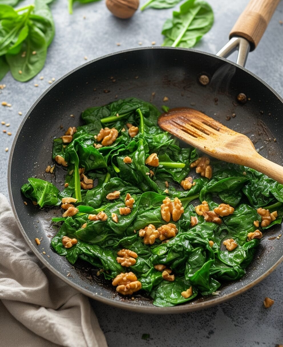 spinach and walnut stiry-fry in the pan