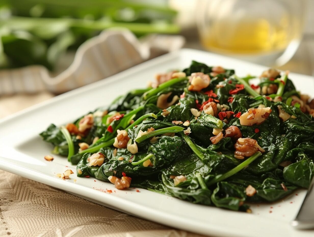 Spinach and walnut stir-fry meal