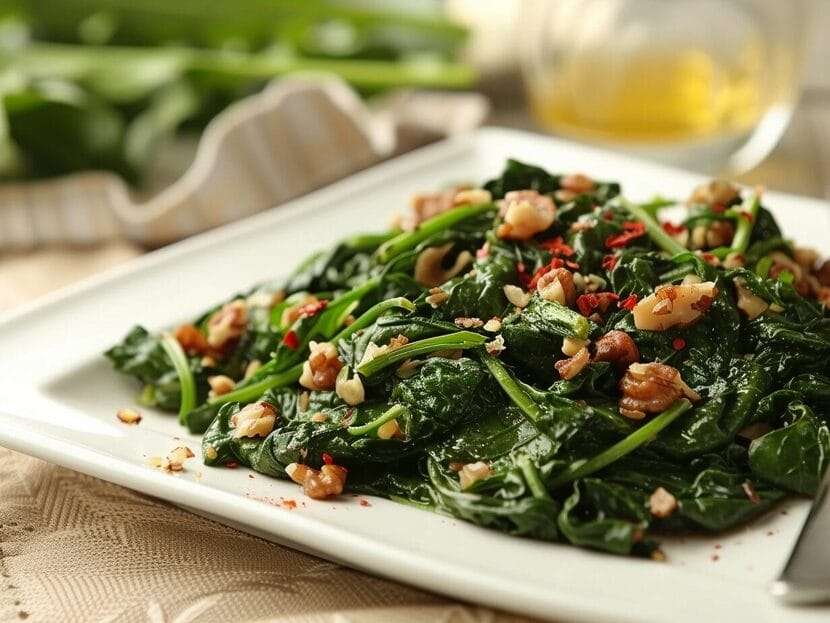 Spinach and walnut stir-fry meal